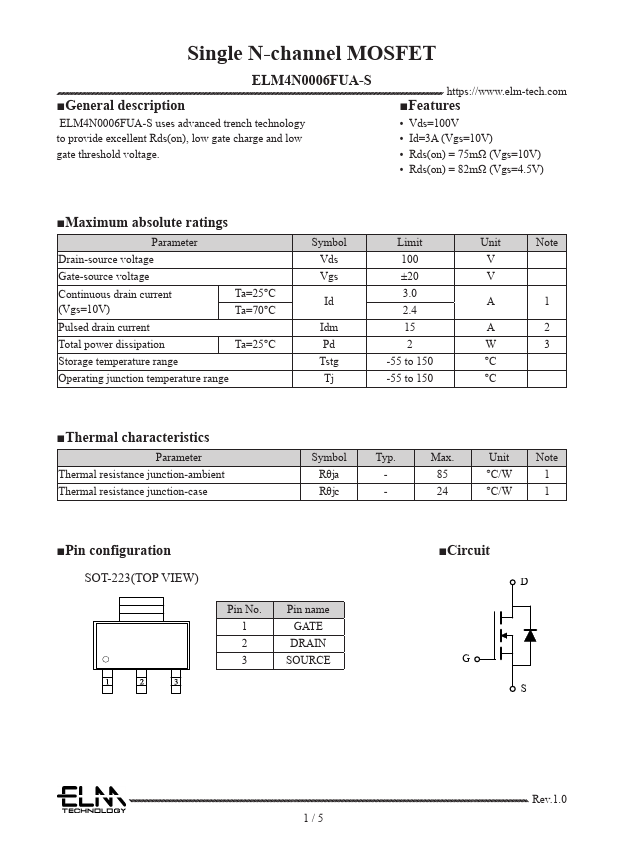 ELM4N0006FUA-S Single N-channel MOSFET by ELM - Datasheet Preview
