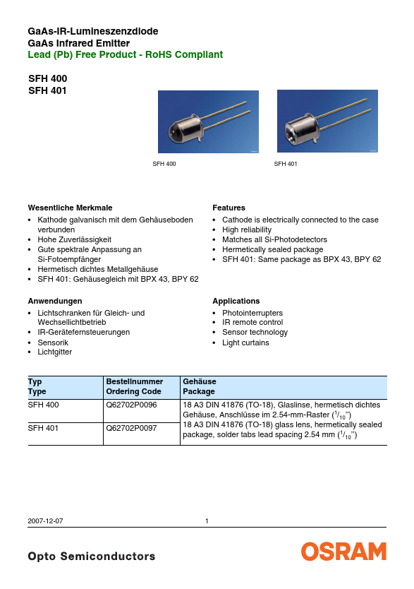 SFH400 GaAs Infrared Emitter by OSRAM - Datasheet Preview