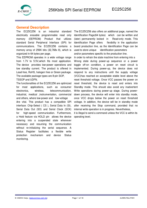 EC25C256 256Kbits SPI Serial EEPROM by E-CMOS - Datasheet Preview