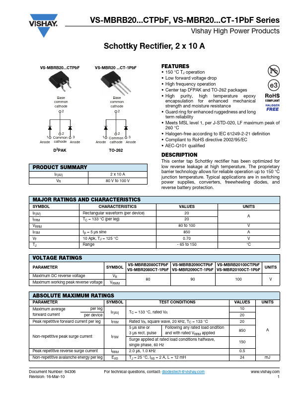 VS-MBRB20100CTPbF