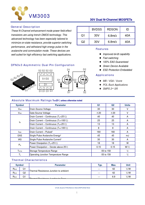 VM3003 30V Dual N-Channel MOSFET by Viva Electronics - Datasheet Preview