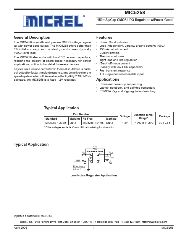 MIC5258 CMOS LDO Regulator by Micrel Semiconductor - Datasheet Preview