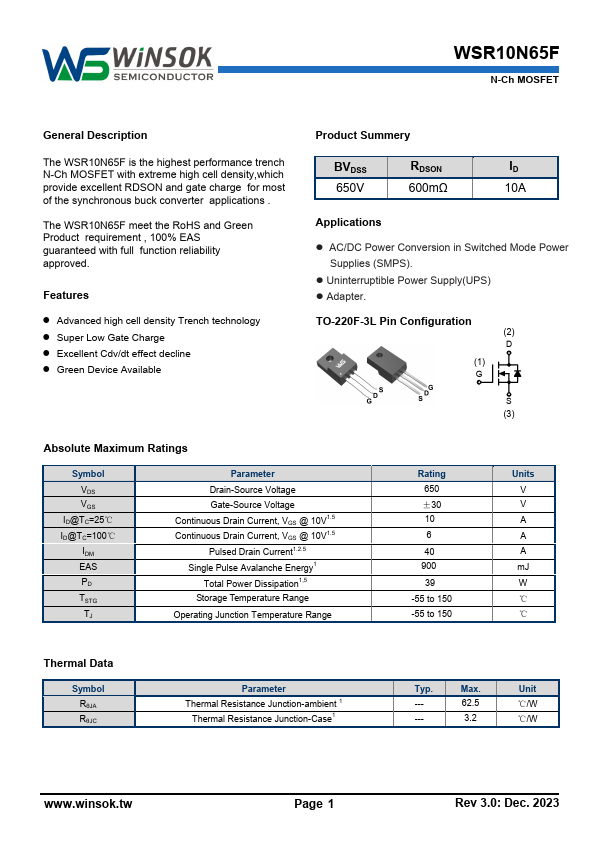 WSR10N65F Datasheet Preview