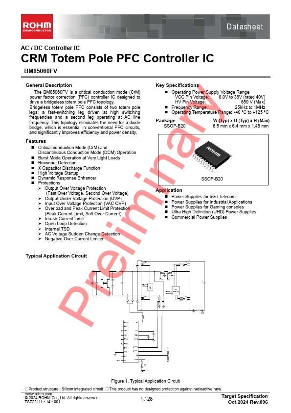 BM85060FV CRM Totem Pole PFC Controller IC by ROHM - Datasheet Preview