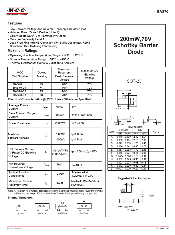 BAS70 200mW 70V Schottky Barrier Diode by MCC - Datasheet Preview