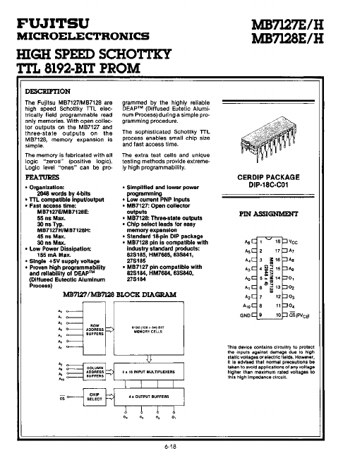 MB7128E HiGH SPEED SCHOTTKY TTL PROM by Fujitsu - Datasheet Preview