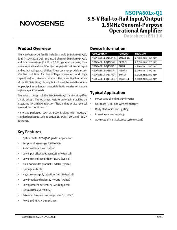 NSOPA8011-Q1 5.5-V Rail-to-Rail Input/Output 1.5MHz General-Purpose Operational Amplifier by NOVOSENSE - Datasheet Preview