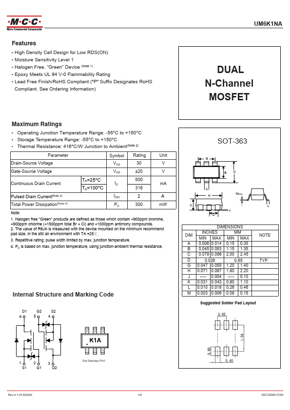 UM6K1NA Dual N-Channel MOSFET by MCC - Datasheet Preview