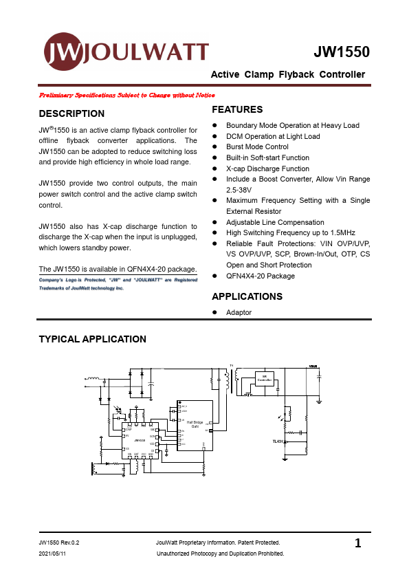 JW1550 Active Clamp Flyback Controller by JoulWatt - Datasheet Preview