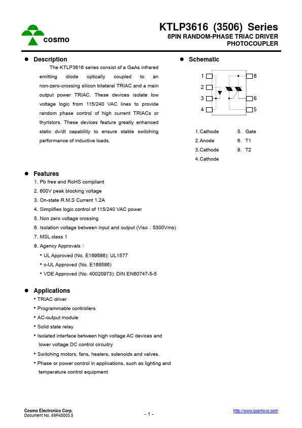 KTLP3616H 8PIN RANDOM-PHASE TRIAC DRIVER PHOTOCOUPLER by Cosmo - Datasheet Preview