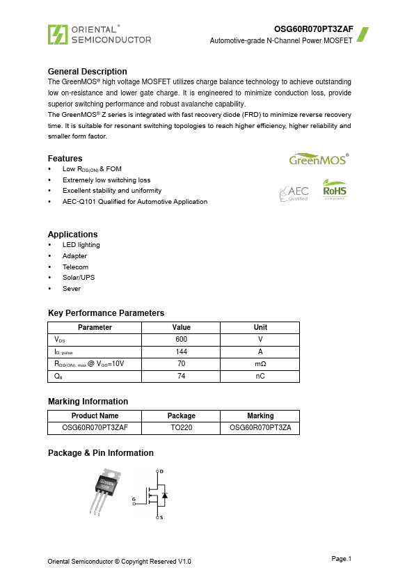 OSG60R070PT3ZAF Automotive-grade N-Channel Power MOSFET by Oriental Semiconductor - Datasheet Preview