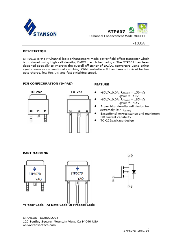 STP607 P-Channel Enhancement Mode MOSFET by STANSON - Datasheet Preview