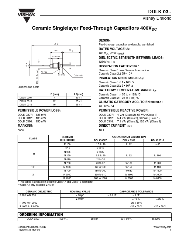DDLK0316 Ceramic Singlelayer Feed-Through Capacitors by Vishay - Datasheet Preview