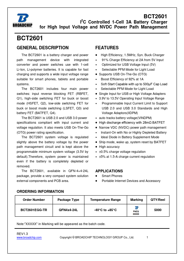 BCT2601 1-Cell 3A Battery Charger by BROADCHIP - Datasheet Preview