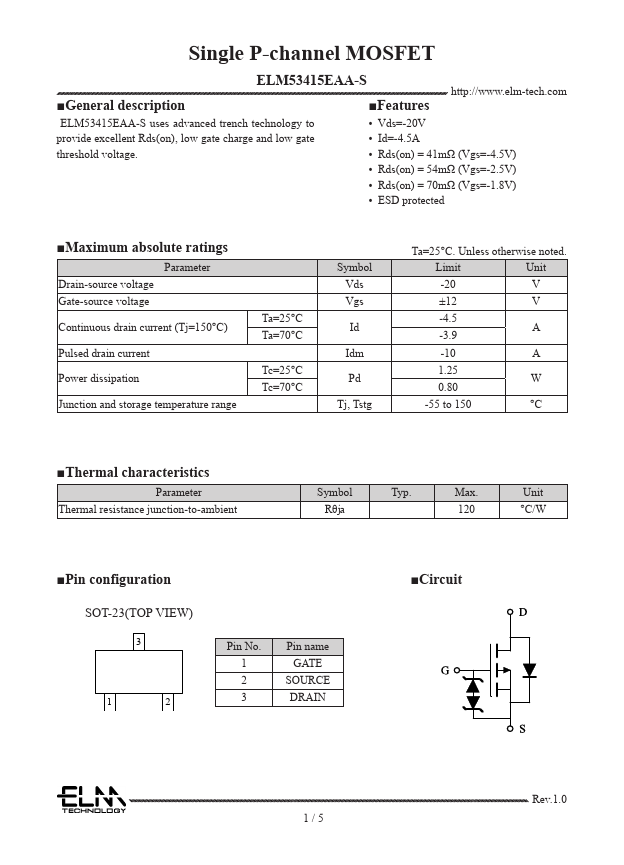 ELM53415EAA-S Single P-channel MOSFET by ELM - Datasheet Preview