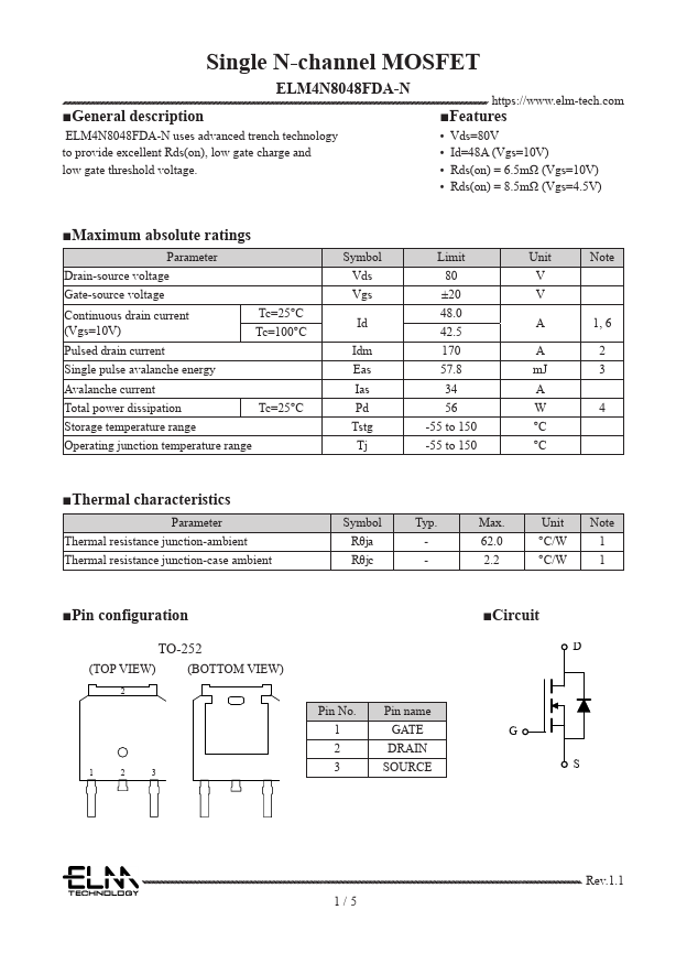 ELM4N8048FDA-N Single N-channel MOSFET by ELM - Datasheet Preview