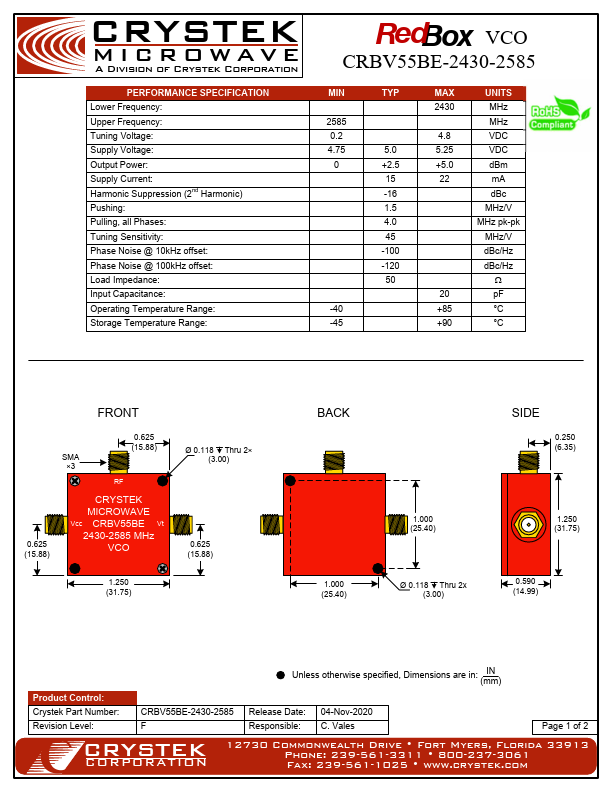 CRBV55BE-2430-2585 VCO by CRYSTEK - Datasheet Preview