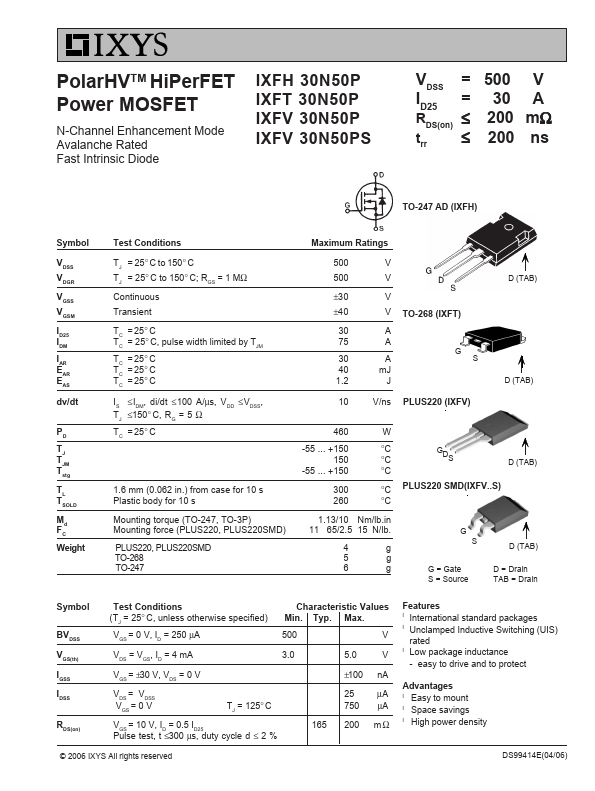 IXFQ30N50P Datasheet Preview