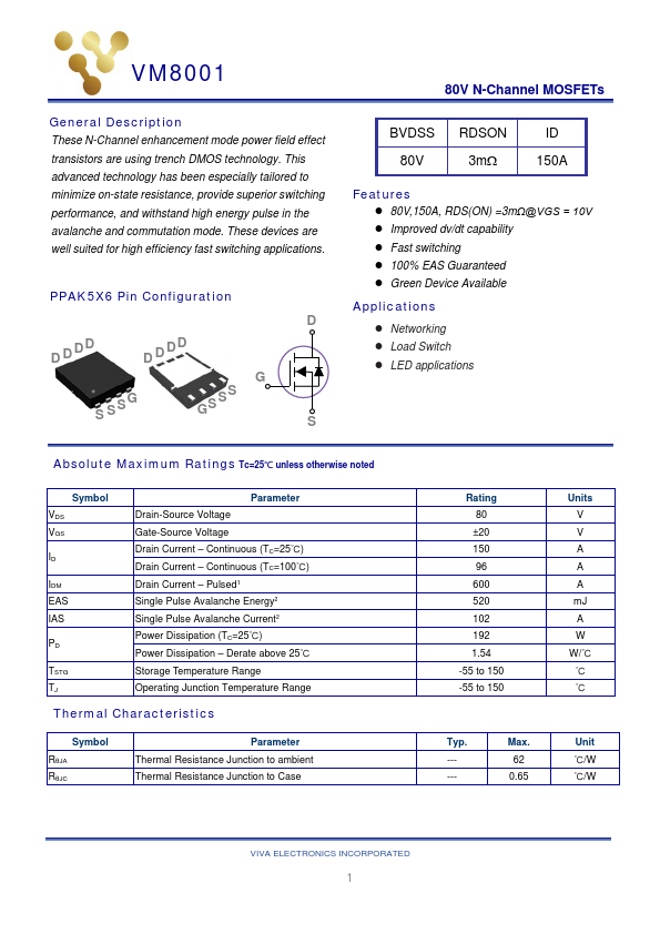 VM8001 80V N-Channel MOSFET by Viva Electronics - Datasheet Preview