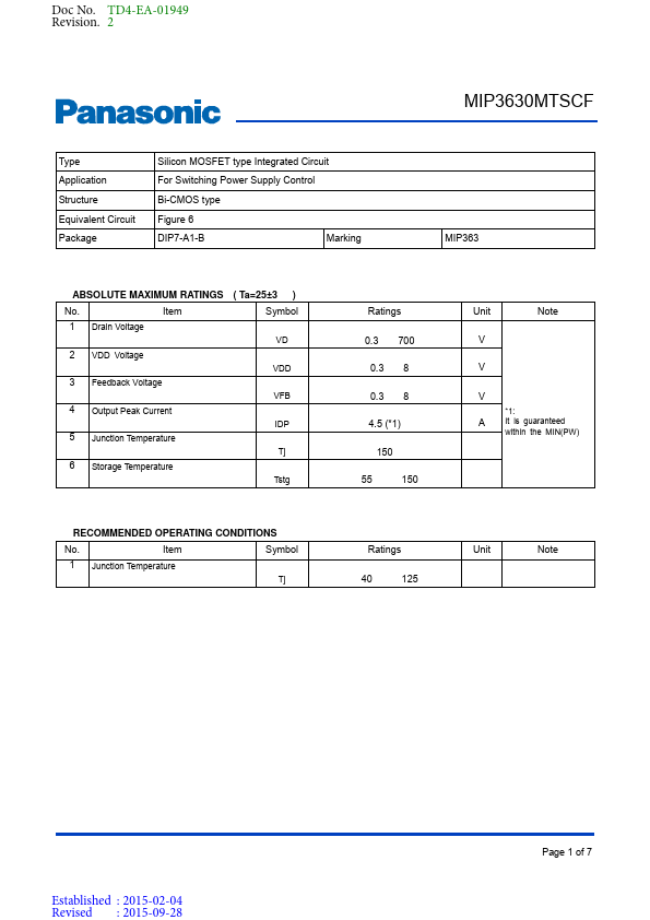 MIP3630MTSCF Silicon MOSFET by Panasonic - Datasheet Preview