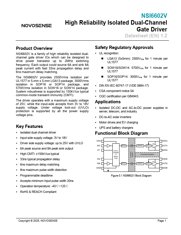 NSI6602V High Reliability Isolated Dual-Channel Gate Driver by NOVOSENSE - Datasheet Preview