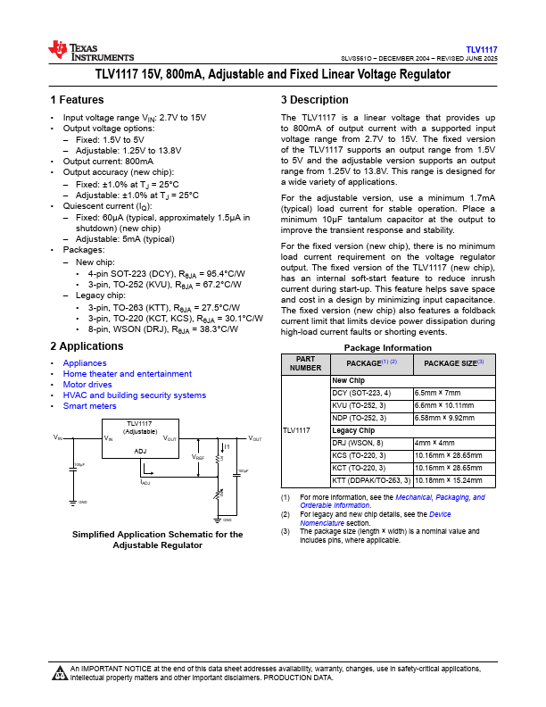 TLV1117 Adjustable and Fixed Low-Dropout Voltage Regulator by Texas Instruments - Datasheet Preview