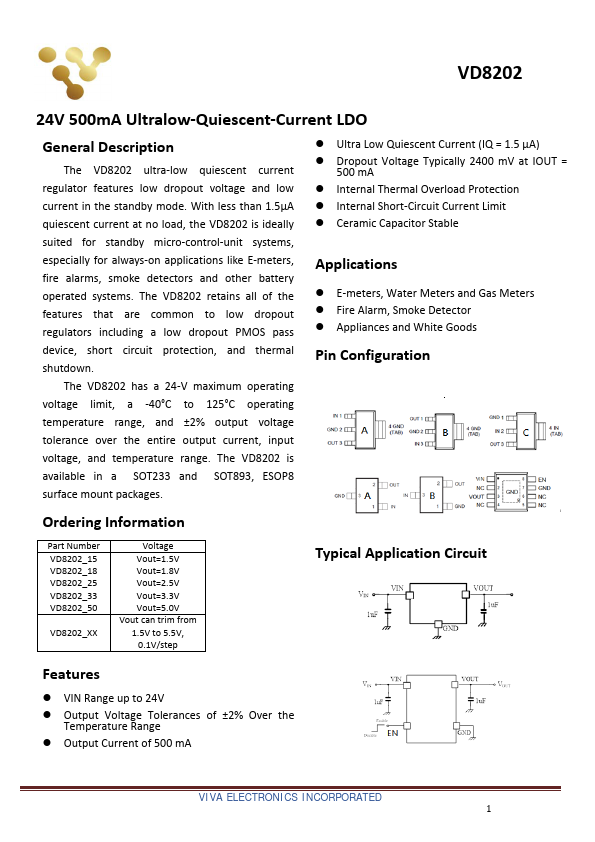 VD8202 24V 500mA Ultralow-Quiescent-Current LDO by Viva Electronics - Datasheet Preview