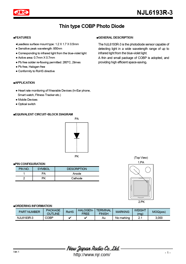 NJL6193R-3 Thin type COBP Photo Diode by New Japan Radio - Datasheet Preview