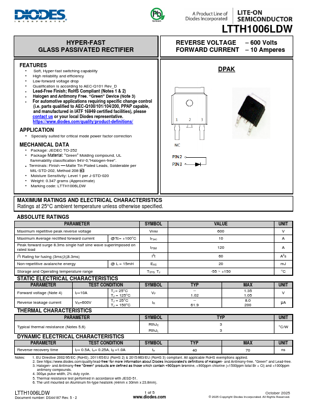LTTH1006LDW HYPER-FAST GLASS PASSIVATED RECTIFIER by DIODES - Datasheet Preview