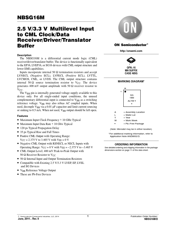 NBSG16M 2.5V/3.3V Multilevel Input to CML Clock/Data Receiver/Driver/Translator Buffer by ON Semiconductor - Datasheet Preview