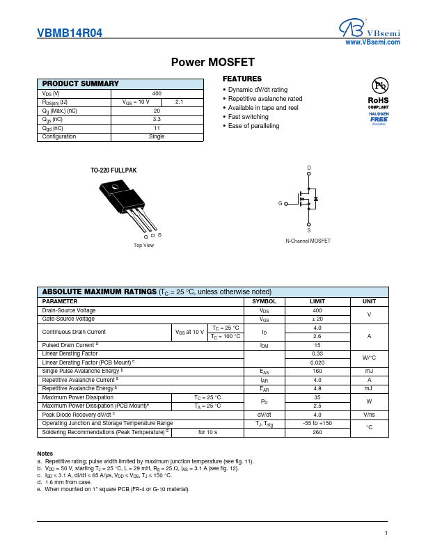 VBMB14R04 Power MOSFET by VBsemi - Datasheet Preview