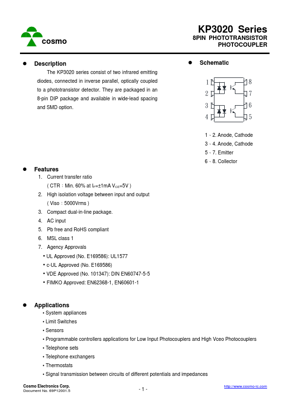 KP3020 8PIN PHOTOTRANSISTOR PHOTOCOUPLER by COSMO Electronics - Datasheet Preview