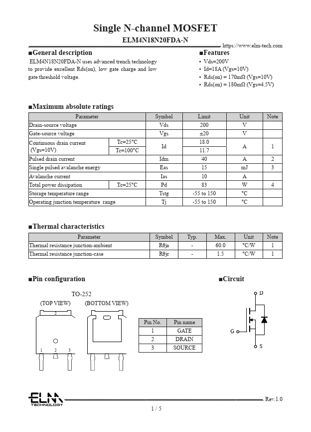 ELM4N18N20FDA-N Single N-channel MOSFET by ELM - Datasheet Preview