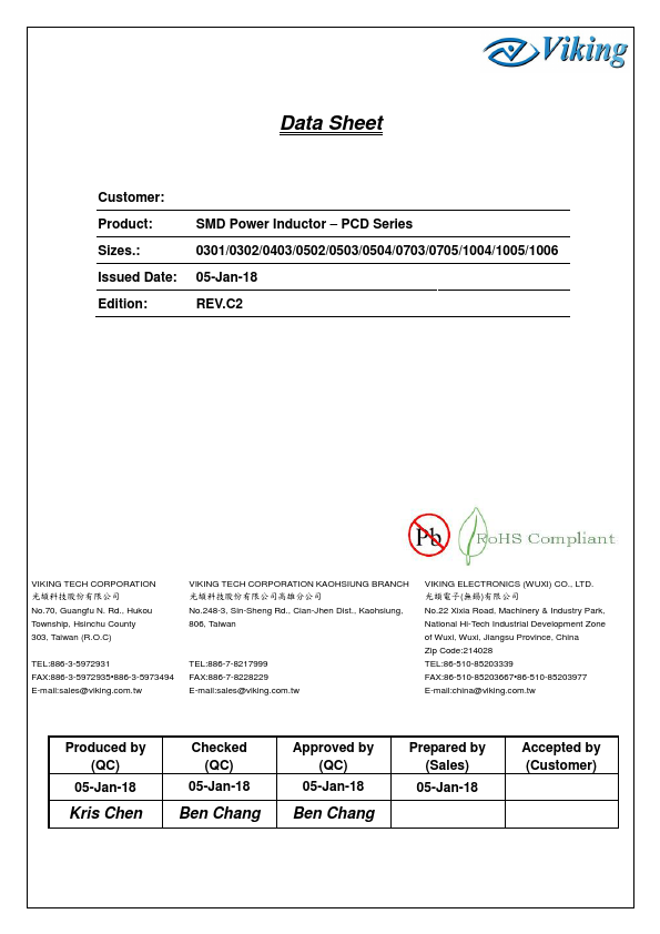 PCD0502 SMD Power Inductor by VIKING TECH - Datasheet Preview