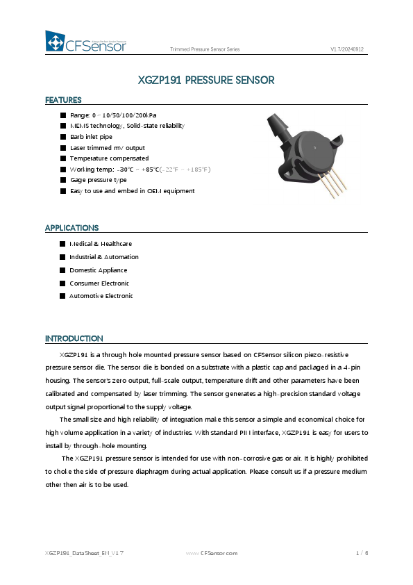XGZP191 Calibrated mV Pressure Sensor by CFSensor - Datasheet Preview