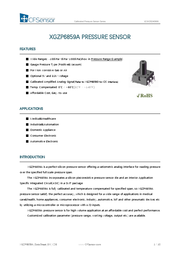 XGZP6859A Calibrated Pressure Sensor by CFSensor - Datasheet Preview