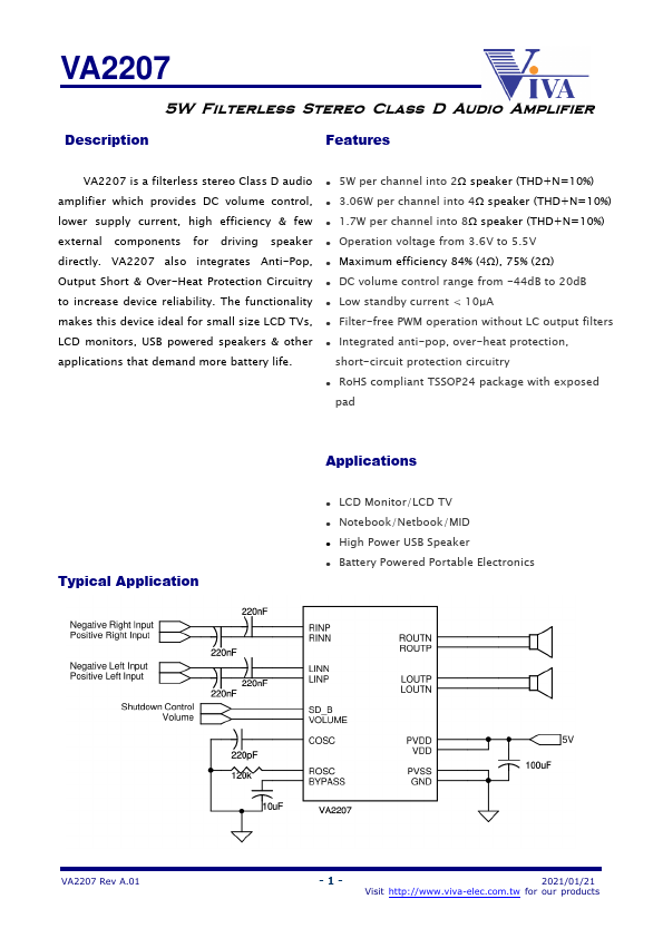 VA2207 5W Filterless Stereo Class D Audio Amplifier by Viva Electronics - Datasheet Preview