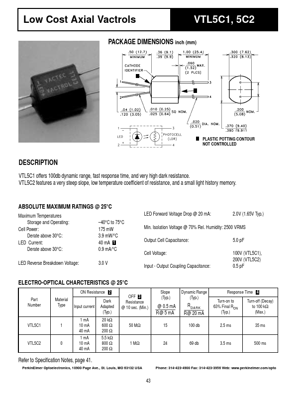 VTL5C2 Low Cost Axial Vactrols by PerkinElmer Optoelectronics - Datasheet Preview