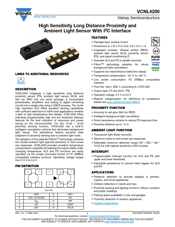 VCNL4200 High Sensitivity Long Distance Proximity and Ambient Light Sensor by Vishay - Datasheet Preview