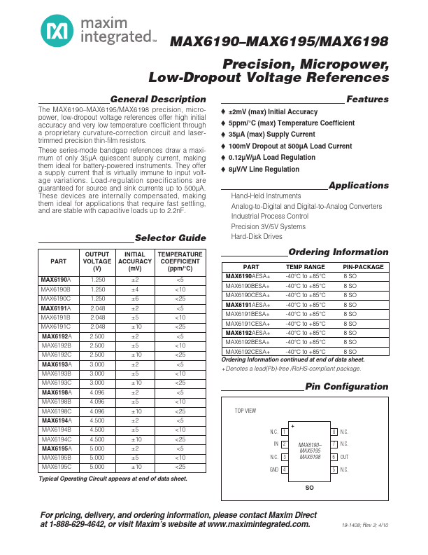 MAX6190 Low-Dropout Voltage References by Maxim Integrated - Datasheet Preview