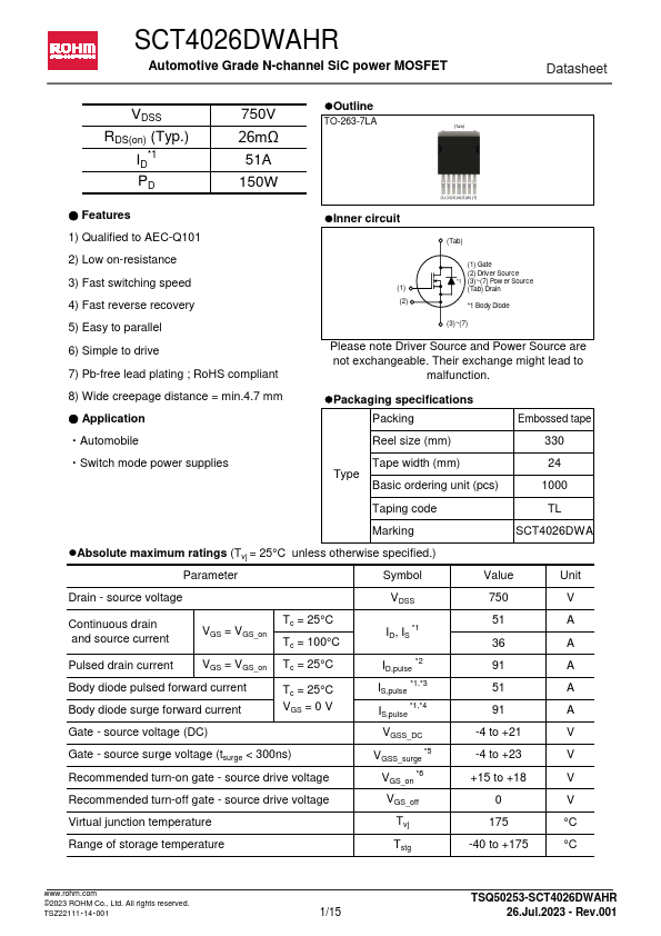 SCT4026DWAHR Automotive Grade N-channel SiC power MOSFET by ROHM - Datasheet Preview