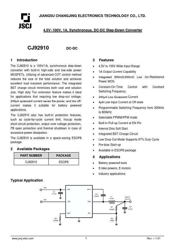 CJ92910 4.5V~100V 1A DC-DC Step-Down Converter by JCET - Datasheet Preview