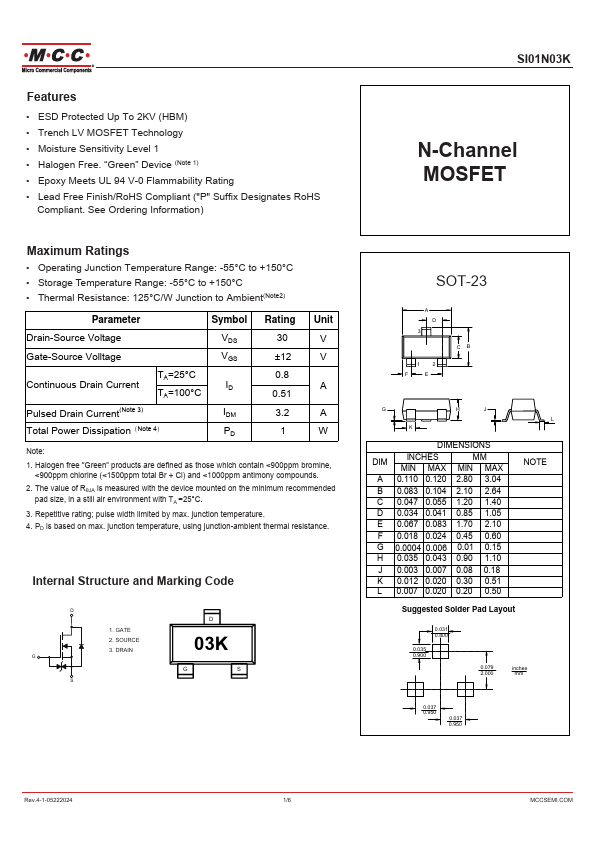 SI01N03K N-Channel MOSFET by MCC - Datasheet Preview