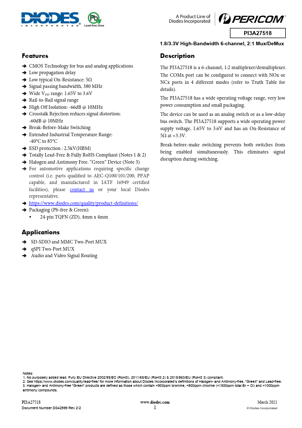 PI3A27518 Datasheet Preview