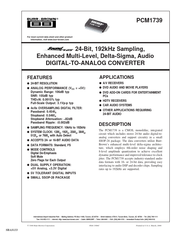 PCM1739 24-Bit Audio DIGITAL-TO-ANALOG CONVERTER by Burr-Brown - Datasheet Preview