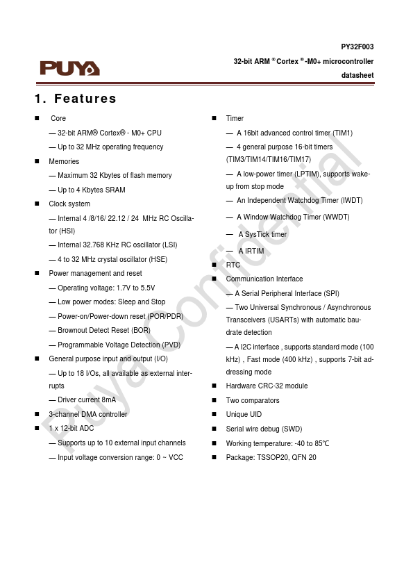 PY32F003 32-bit microcontroller by Puya - Datasheet Preview