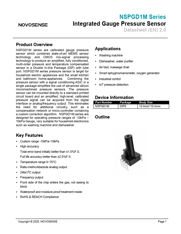 NSPGD1M Integrated Gauge Pressure Sensor by NOVOSENSE - Datasheet Preview