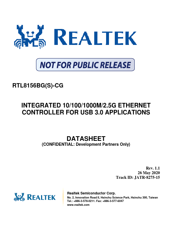 RTL8156BGS-CG INTEGRATED 10/100/1000M/2.5G ETHERNET CONTROLLER by Realtek - Datasheet Preview