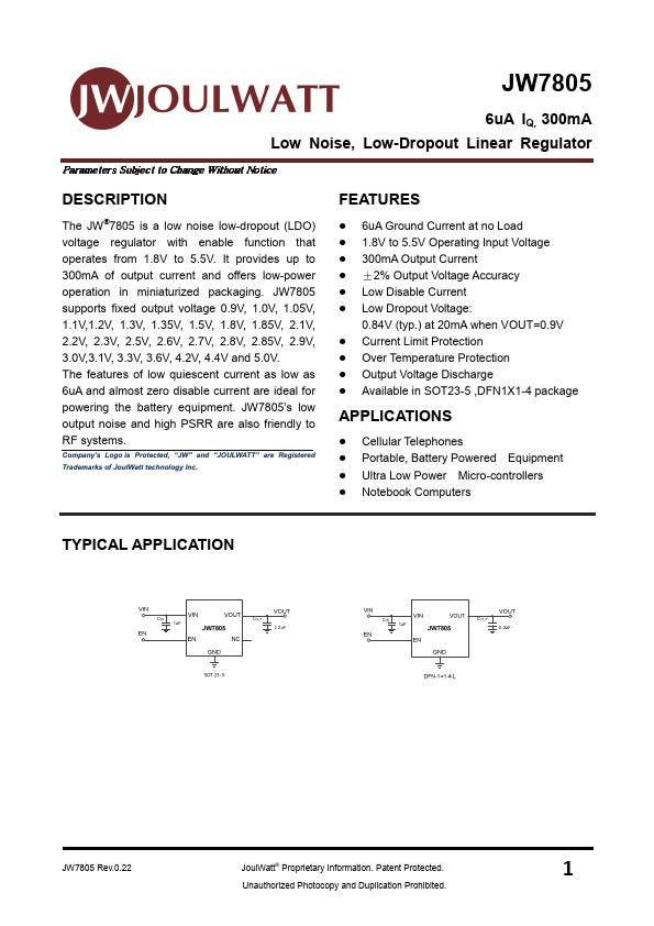 JW7805 6uA 300mA Low Noise Low-Dropout Linear Regulator by JoulWatt - Datasheet Preview