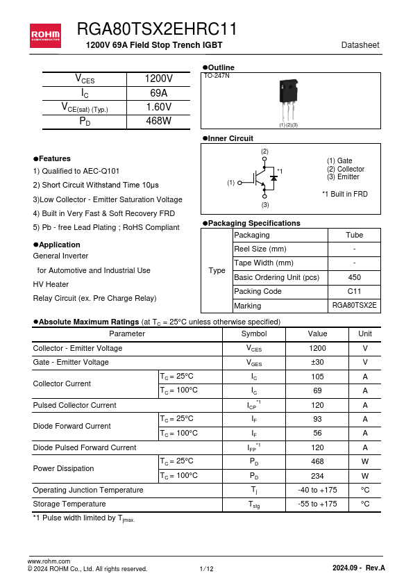 RGA80TSX2EHRC11 1200V 69A Field Stop Trench IGBT by ROHM - Datasheet Preview